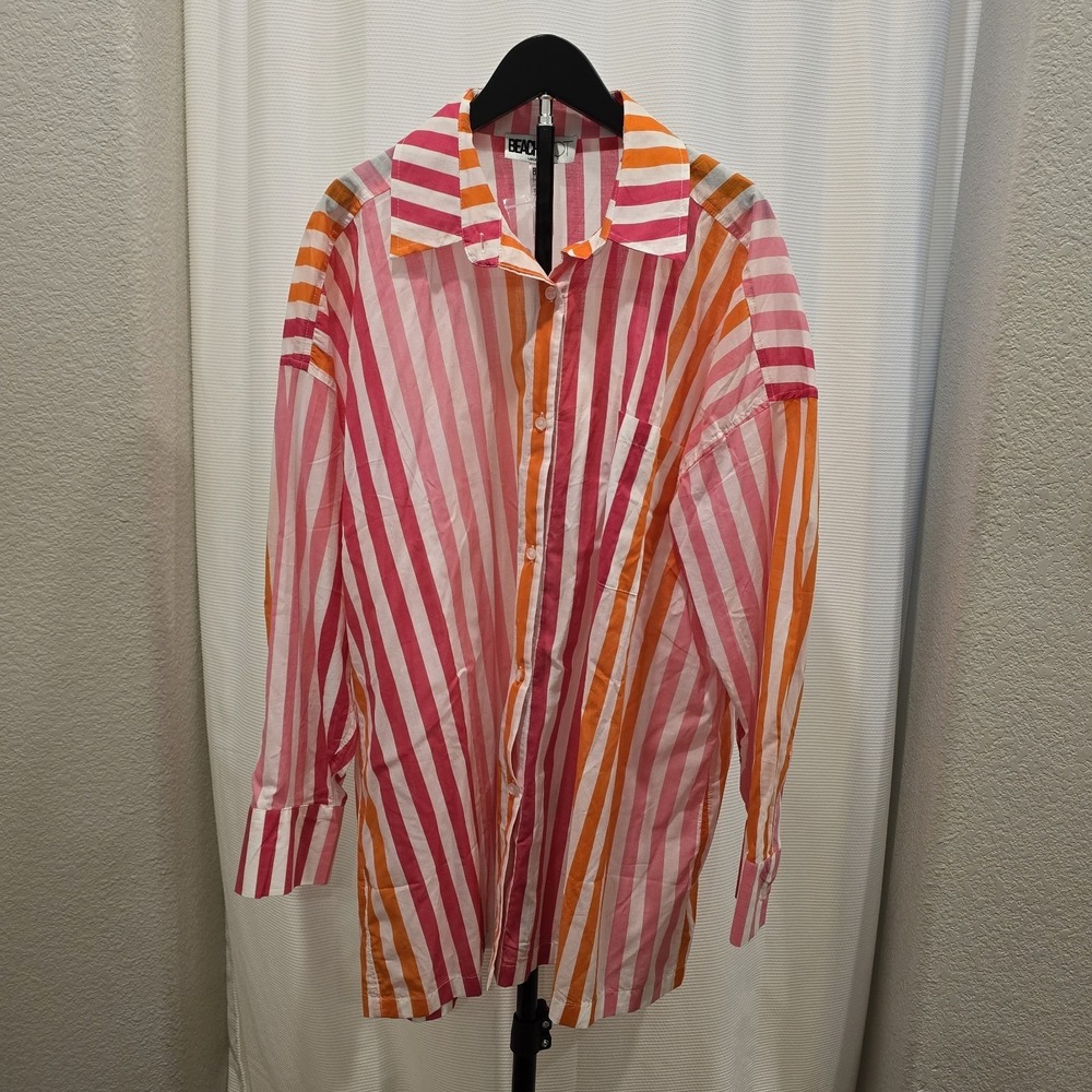 Beach Riot Multi Stripe Cotton Button up Casual top Swim Cover Size Medium